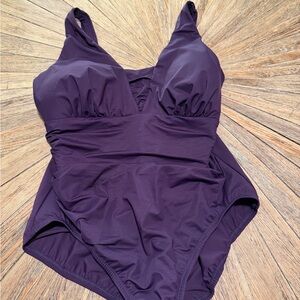 Lands End SlenderSuit Tummy Control One Piece Swimsuit 16W Purple Ruched Plus Sz